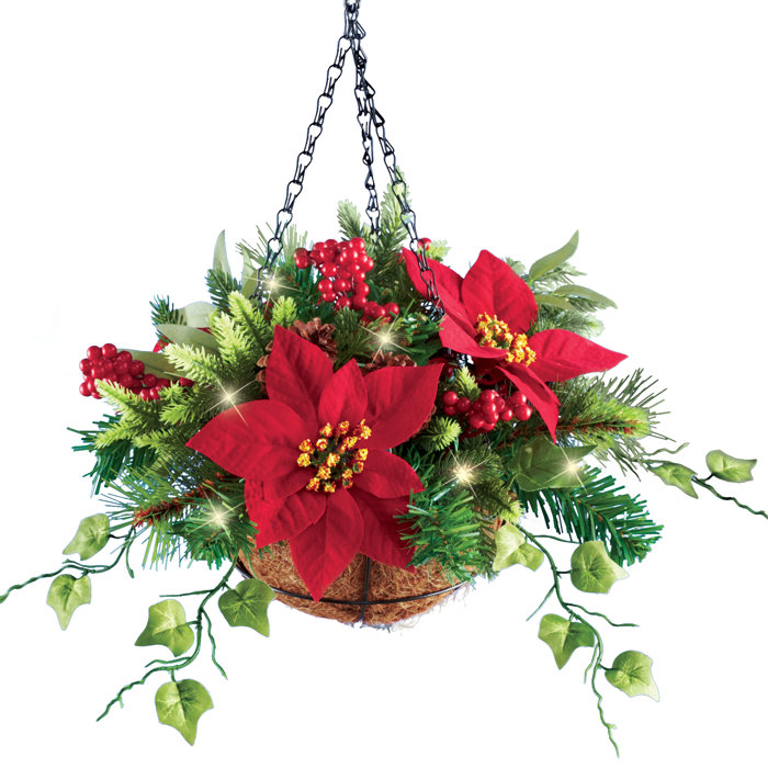 The Holiday Aisle® Artificial Evergreen Poinsettia Hanging Basket Wayfair
